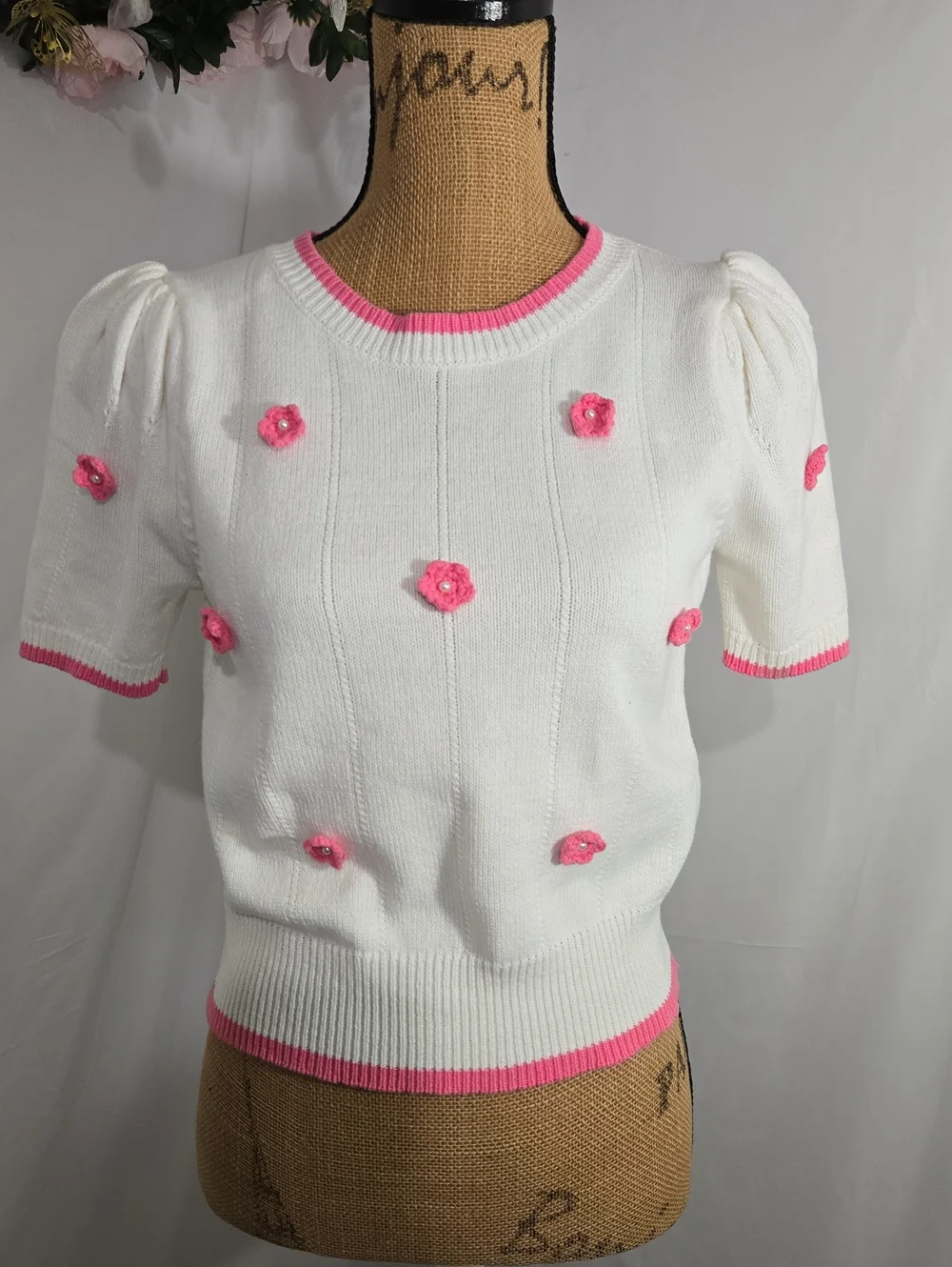 Betsey Johnson Cream Knit Top with Pink Flower Appliqués